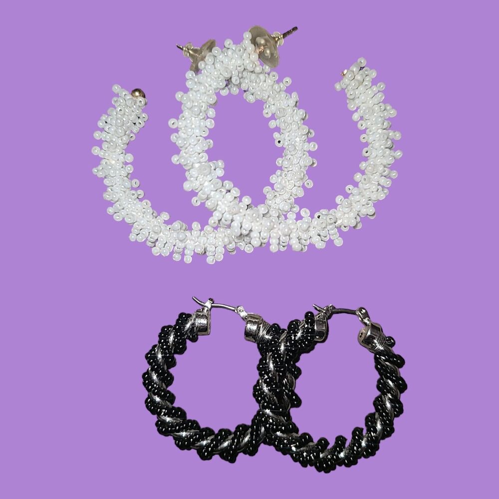 2 Pairs Fun Beaded Hoop Earrings Black And White